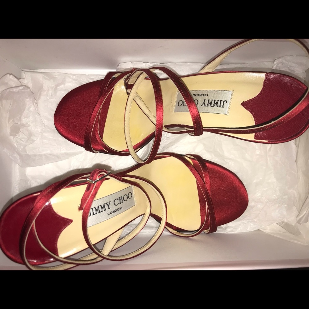 Jimmy Choo Red Satin Strappy Stilettos - 36.5